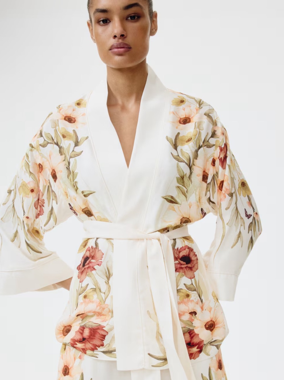 H&M NWT CREAM FLORAL OVERSIZED TIE-BELT JACKET SIZE SMALL